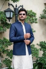 Navy Blue Embroidered Prince Coat with White Shalwar - Image 4