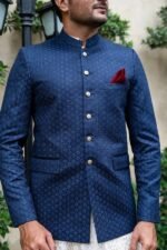 Navy Blue Embroidered Prince Coat with White Shalwar - Image 3