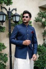 Navy Blue Embroidered Prince Coat with White Shalwar - Image 2