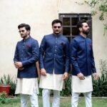 Navy Blue Embroidered Prince Coat with White Shalwar