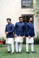 Navy Blue Embroidered Prince Coat with White Shalwar