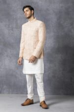 Beige Embroidered Prince Coat with White Shalwar - Image 5