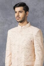 Beige Embroidered Prince Coat with White Shalwar - Image 3