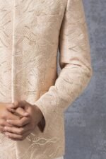 Beige Embroidered Prince Coat with White Shalwar - Image 2