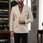 Beige Linen Blazer with Black Trousers