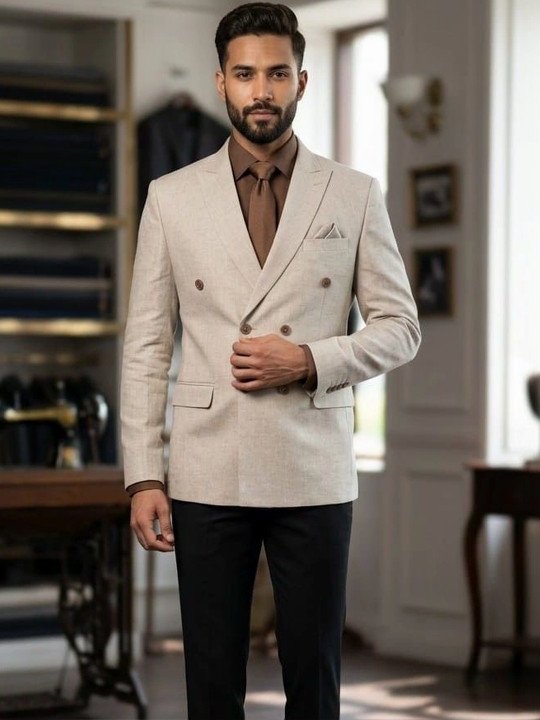 bd107ed268b648c2adeca96a69481c9f Beige Linen Blazer with Black Trousers - Image 1