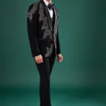 Black Rayon Tuxedo Set with Crystal Embroidery