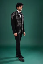 Black Rayon Tuxedo Set with Crystal Embroidery