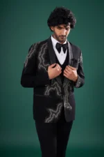 Black Rayon Tuxedo Set with Crystal Embroidery - Image 3