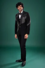 Black Rayon Tuxedo Set with Linear Stone & Bead Work - Image 4