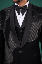 Black Rayon Tuxedo Set with Linear Stone & Bead Work - Image 3