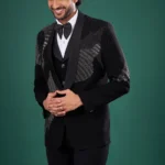 Black Rayon Tuxedo Set with Linear Stone & Bead Work