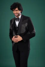 Black Rayon Tuxedo Set with Linear Stone & Bead Work