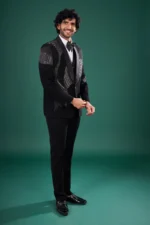 Black Rayon Tuxedo Set with Linear Stone & Bead Work - Image 2