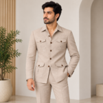 Beige Textured Four-Pocket Suit