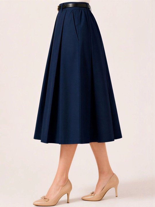 f24dbc52e88d4cb885253b58f7626a67 Navy Blue Pleated Midi Skirt - Image 1