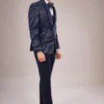 Navy Blue Rayon Embellished Tuxedo Set